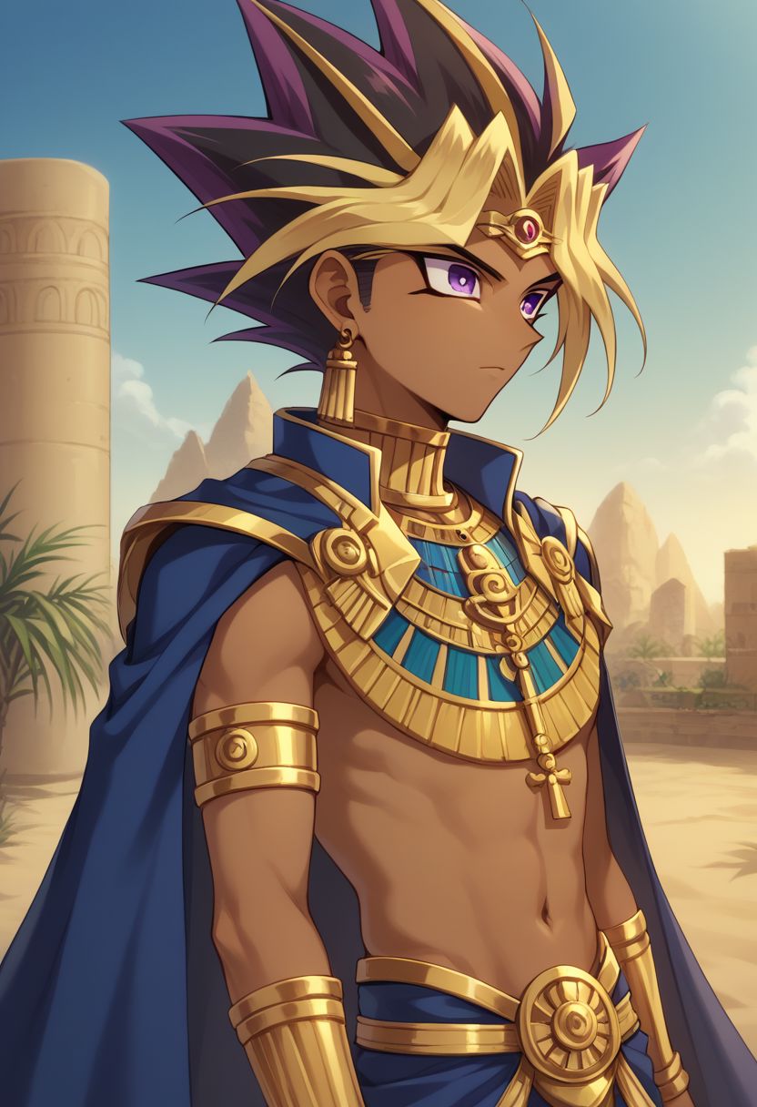 score_9, score_8_up, source_anime, highly detailed, 
yami, 1boy, male focus, solo, jewelry, eye of horus, dark skin, purple eyes, dark-skinned male, spiked hair, blonde hair, multicolored hair, cape,
armlet, earrings, ring,
outdoor, egypt, upper body,