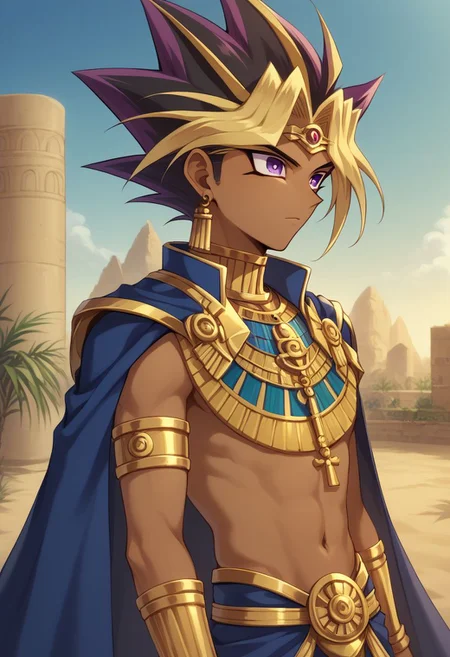 score_9, score_8_up, source_anime, highly detailed,
yami, 1boy, male focus, solo, jewelry, eye of horus, dark skin, purple eyes, dark-skinned male, spiked hair, blonde hair, multicolored hair, cape,
armlet, earrings, ring,
outdoor, egypt, upper body,