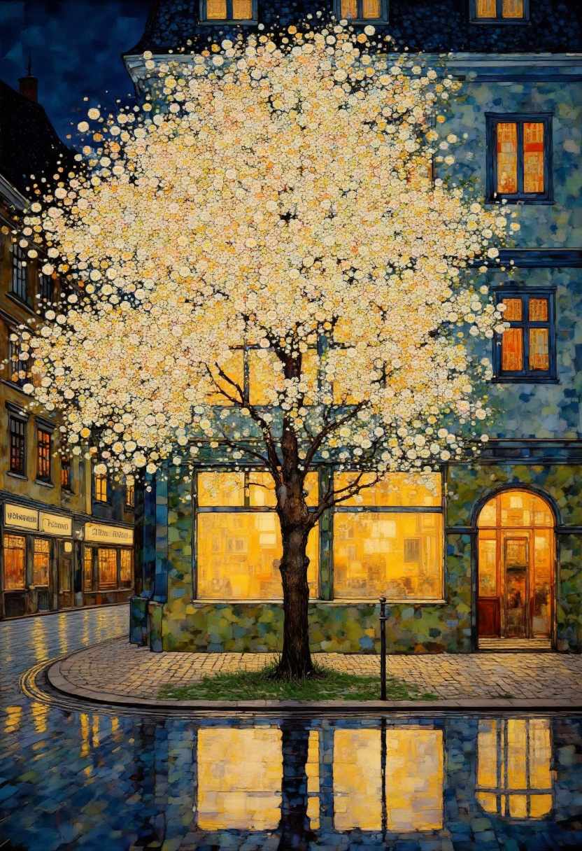 This image is a detailed, impressionistic  digital painting depicting a quaint, old-world European street scene at night. The focal point is a tree with numerous white blossoms, illuminated by warm yellow light, suggesting it is spring or early summer. The tree is positioned in front of a multi-story, multi-colored building with a mix of warm and cool tones, including shades of blue, green, and yellow. The building has several windows, some with curtains drawn and others with light shining through, indicating that it is a residential or commercial space. The ground floor features an arched doorway with a small window above it, adding to the building's charm.  The cobblestone street in the foreground reflects the light from the tree and the building, creating a mirror-like effect. On the left side of the image, there is a sign that reads "Kantoor" (Dutch for "Office"), indicating a business or administrative space. The background shows another building with similar architecture, suggesting this is a well-preserved, historic neighborhood. The painting style is reminiscent of impressionism, with soft, blended colors and a focus on light and shadow, capturing a serene, peaceful atmosphere. The overall mood is warm and inviting, with a touch of nostalgia.