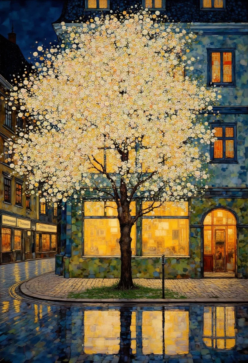 This image is a detailed, impressionistic digital painting depicting a quaint, old-world European street scene at night. The focal point is a tree with numerous white blossoms, illuminated by warm yellow light, suggesting it is spring or early summer. The tree is positioned in front of a multi-story, multi-colored building with a mix of warm and cool tones, including shades of blue, green, and yellow. The building has several windows, some with curtains drawn and others with light shining through, indicating that it is a residential or commercial space. The ground floor features an arched doorway with a small window above it, adding to the building's charm. The cobblestone street in the foreground reflects the light from the tree and the building, creating a mirror-like effect. On the left side of the image, there is a sign that reads "Kantoor" (Dutch for "Office"), indicating a business or administrative space. The background shows another building with similar architecture, suggesting this is a well-preserved, historic neighborhood. The painting style is reminiscent of impressionism, with soft, blended colors and a focus on light and shadow, capturing a serene, peaceful atmosphere. The overall mood is warm and inviting, with a touch of nostalgia.