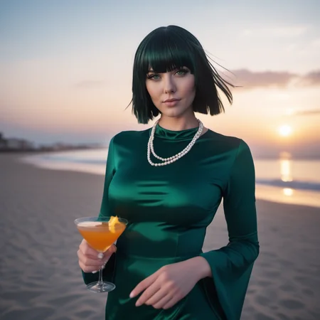 cinematic photo 1girl, large breast, green eyes,  dress, necklace, short black hair, bangs, having a cocktail on the beach, sunset <lora:Fubuki1024:0.8> . 35mm photograph, film, bokeh, professional, 4k, highly detailed