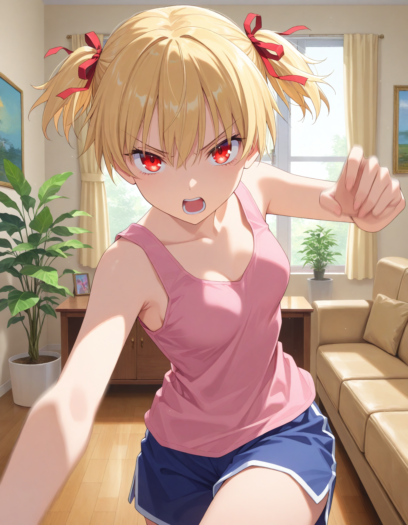 1girl, solo, short hair, blonde hair, red eyes, short twintails, hair ribbon, fighting pose, intense, living room, looking at viewer, small breasts, pink tank top, blue shorts, incoming attack, motion blur, plant, window, couch, painting \(object\), angry,  <lora:Itosugi_Masahiro_Noob:1.0>