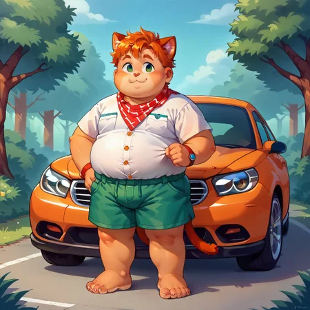 score_9, score_8_up, score_7_up, source_anime, fat, double chin, fat arms, fat legs, chubby cheeks, freackles, wearing a boyscout uniform, wearing shorts, wearing boy scout shirt, unbuttoned, wearing neckerchief, standing, summer camp background, 1boy, cat ears, car tail, paws, orage fur, solo, forest background, happy mood, young, ginger hair, messy hair, barefoot, chibfurri, five toes, cub.