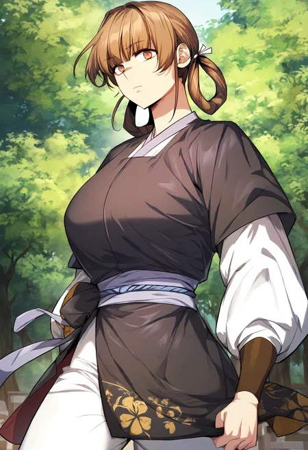 score_9, score_8_up, score_7_up, score_6_up, source_anime, rating_explicit, 1girl, (solo:1.1), huge breasts, <lora:Yoo Soorin prefectPonyxl:1> brown hair, hair rings, brown eyes, hair ribbon, twintails, clothes1, chinese clothes, white clothes, black dress, sash, short over long sleeves, white pants, expressionless, forest, outdoors, looking at viewer, standing, close-up