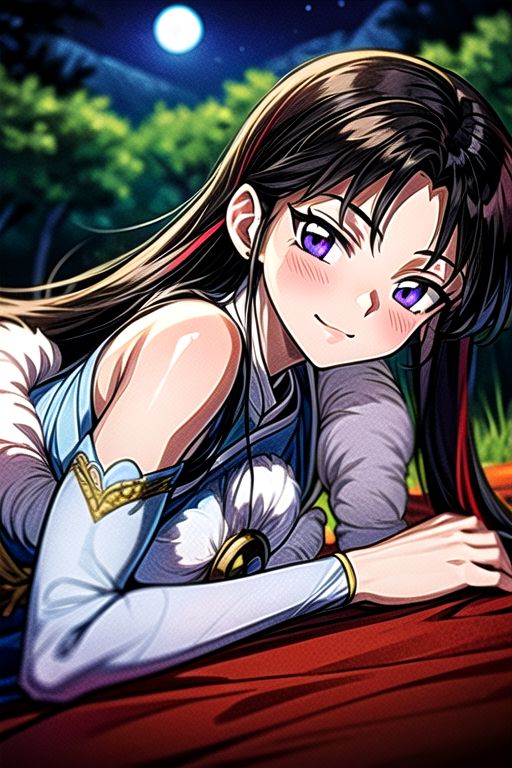 best quality 1girl Setsun4 solo long hair,  (night time) forest background black hair very long hair purple eyes multicolored hair armor, small, (fur trim) (medium body),<lora:EMS-179-EMS:0.800000>,<lora:EMS-293862-EMS:0.800000> bow, hair_bow, hair_tubes, red_bow, brown_hair, long_hair, bangs, ascot, frilled_bow, yellow_ascot, blush, smile, hair_between_eyes, athletic, armor, miko, ,(((intricate outfit,intricate clothes,embroidered outfit,ornate outfit,embroidered clothes,ornate clothes))), laying down, lying down