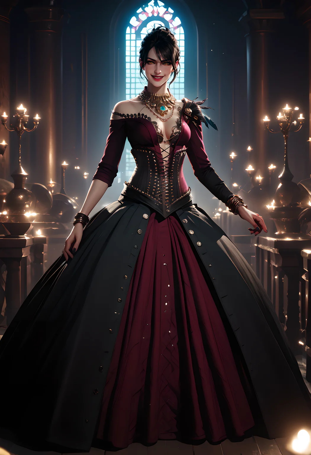 score_9, score_8_up, score_7_up, 1girl, dai_morrigan, dai_morrigan_dress, standing in a grand ballroom, elegant, pretty face, smiling, happy, blushing:0.5, fantasy, perfect quality, high quality, BREAK, official art,extremely detailed CG unity 8k wallpaper, perfect lighting,Colorful, Bright_Front_face_Lighting, interior, dramatic light,masterpiece, at night, best quality, 8k, cg intricate details, ultra sharp, Exquisite detail, flawless composition, vivid colors, masterpiece, <lora:more_details:0.5> <lora:sinfully_stylish_SDKL:0.8> <lora:Morrigan_DAI:1>