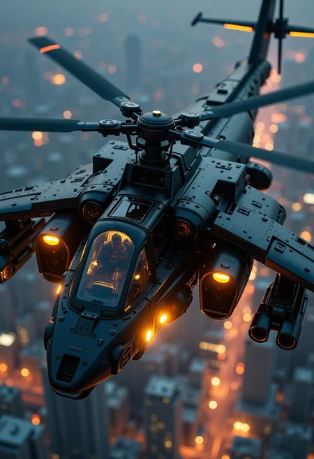silhouette art, chiascuro, a_skynet_cyberdyne_systems_craft, the image is featuring a futuristic, highly advanced attack helicopter moving rapidly in the air above a cyberpunk city at night.  The hull is made of a dark gunmetal alloy with rivets, bolts, glowing LEDs and diodes, and the helicopter has large guns mounted on the exterior; the cockpit shows glowing led lights, and has a large air intake, motion blur on the propellor blades (black with yellow highlights), two-man crew visible through the cockpit window