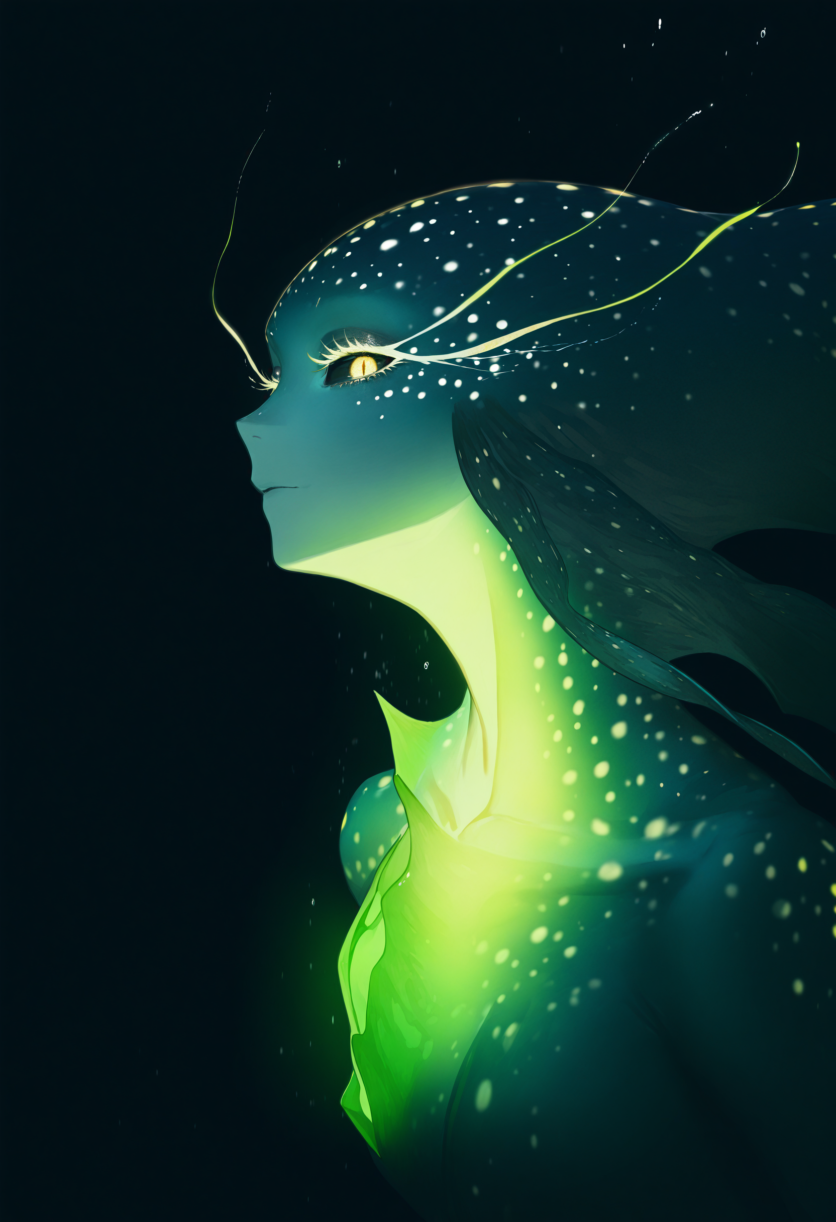 bioluminescence, by [ekrea jan|diyokama|say hana|lam], 1girl, collarbone, looking at viewer, long eyelashes, colored eyelashes,
swell shark, bioluminescence, glowing skin, bokeh, spotted markings, green glow, green skin, shark girl, 1girl, monster girl, black sclera, fins, colored sclera, solo, underwater, glowing chest, from side , black background, backlighting, dark theme,
masterpiece, best quality, very aesthetic, very awa, absurdres
<lora:noobai_epred_11_bioluminescence_v15:1>
<lora:illustrious_noobai_epsilon_pred_11_artists_v1:1>
