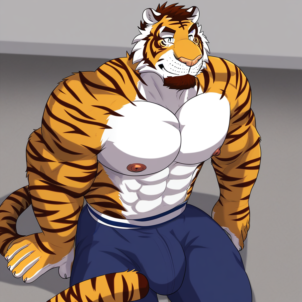 Muscular male, furry, fully dressed, tiger