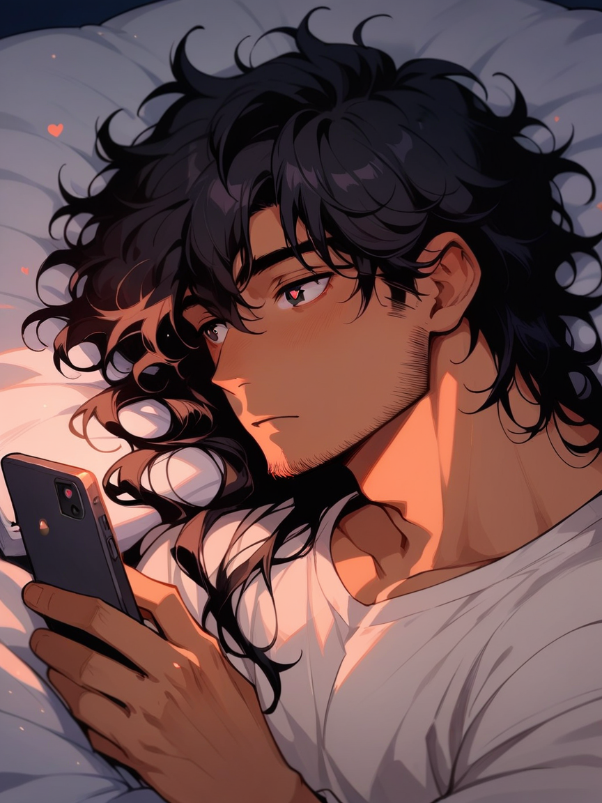 score_9, score_8_up, score_7_up, score_6_up, score_5_up,   <lora:ph0n3XLP:0.7> ph0n3, holding phone, lying, 1boy, long hair, black hair, black eyes, heart-shaped pupils, night, glow, tan, messy hair, <lora:f4c14lh41rXLP:0.7> f4c14lh41r, b6, facial hair, (cat:1.2)