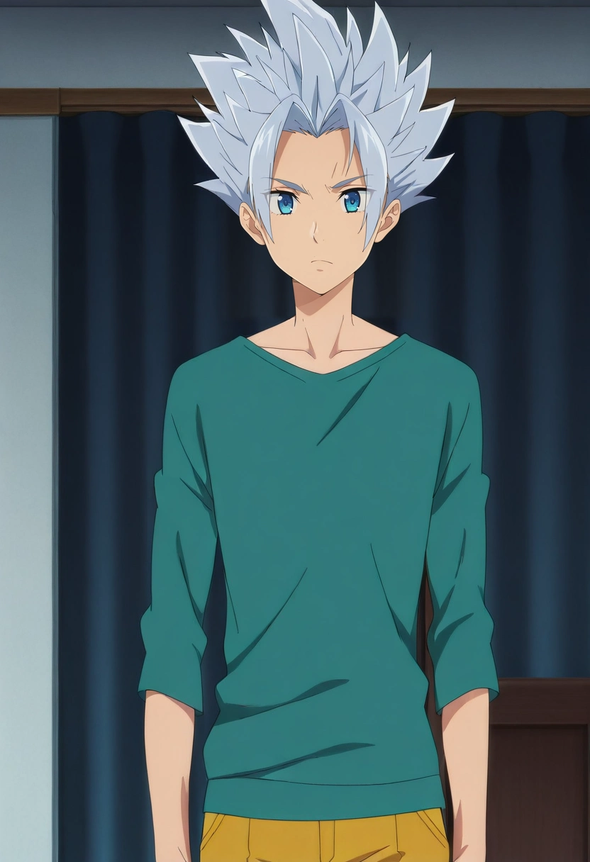 masterpiece, best quality, anime screencap, official style, anime coloring, cowboy shot, 1boy, solo, male focus, <lora:arden_nnt_ilxl:1>, arden_nnt, grey hair, blue eyes, short hair, spiked hair, ,