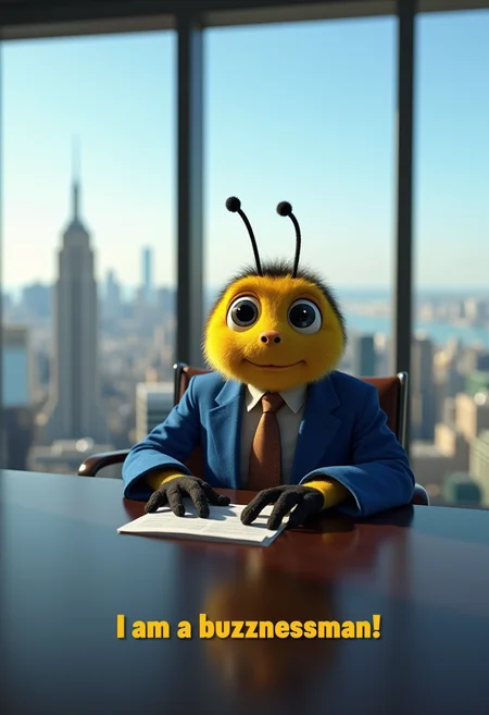 A bee in a blue jacket and tie sits at a table in a chair in an office with panoramic windows on the hundredth floor of a skyscraper. The text at the bottom of the image reads: "I am a buzznessman!"
