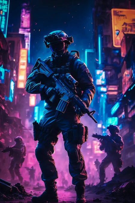 Soldiers in a neon city aiming guns and tactical, flashlight and neon lights blending in a chaotic dance, cinematic, realistic, atmospheric, ultra sharp, highly detailed, intricate