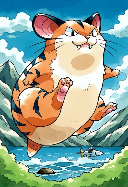 score_9, score_8_up, score_7_up, score_6_up, BREAK ken sugimori,watercolor \(medium\), pokemon \(creature\),solo,jet fur, fangs, glacier,cat, mouse, <lora:KenSugimoriPony:1>