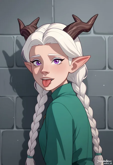 score_9, score_8, score_7, score_6,
triplevexx, solo, Lujanne, Elf, Moonelf, Horns, Long Twin Braids, White Hair, looking at viewer, leaning against marble wall, sticking tongue out, purple eyes,