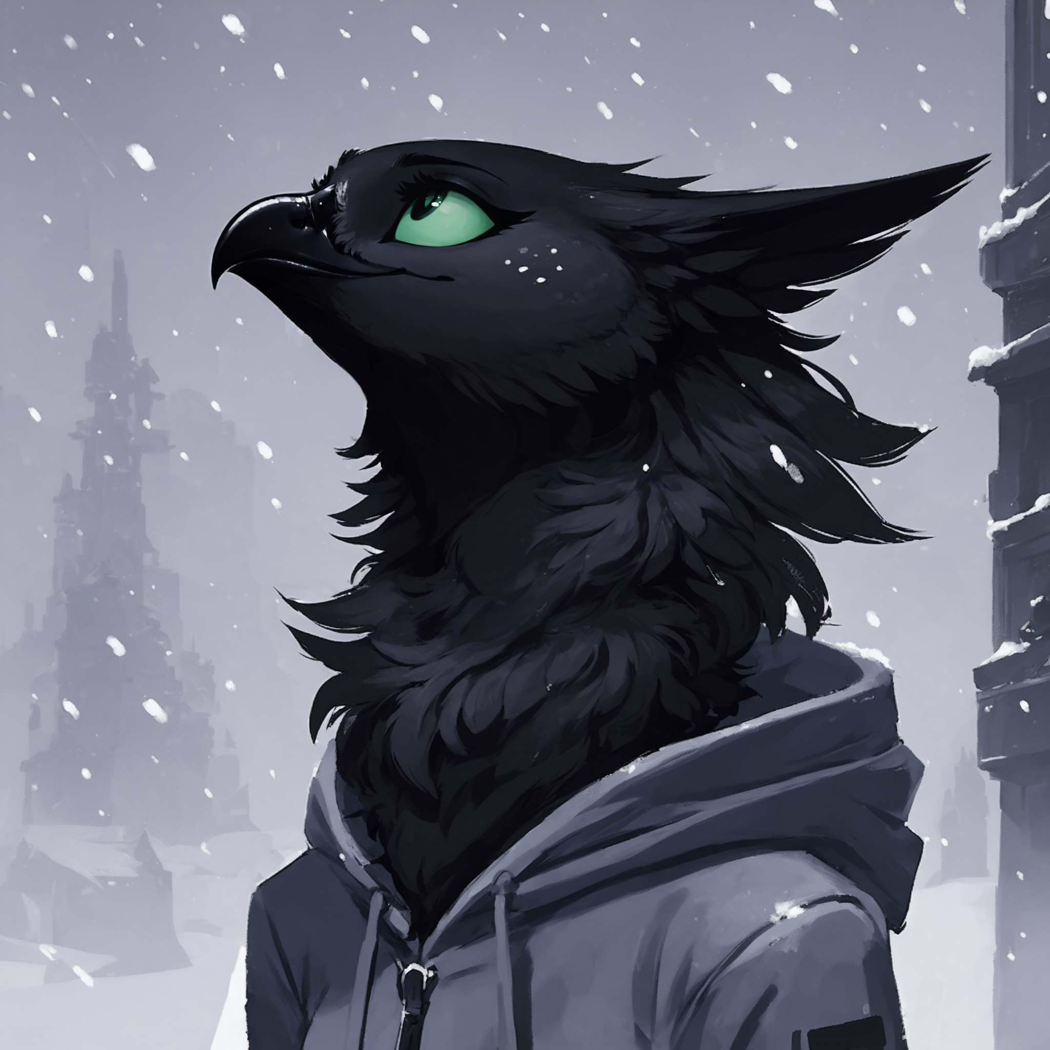 score_9, score_8_up, detailed, sketch, lineless, cel shading, 
night, snow, bust portrait, side view, 
female avian shdw, green sclera, black pupils, looking up, raised head, hoodie, (happy:1.2), smile, black body, neck tuft, small breasts, cozy, 
<lora:velari_v0.2.1_pdxl:0.7>