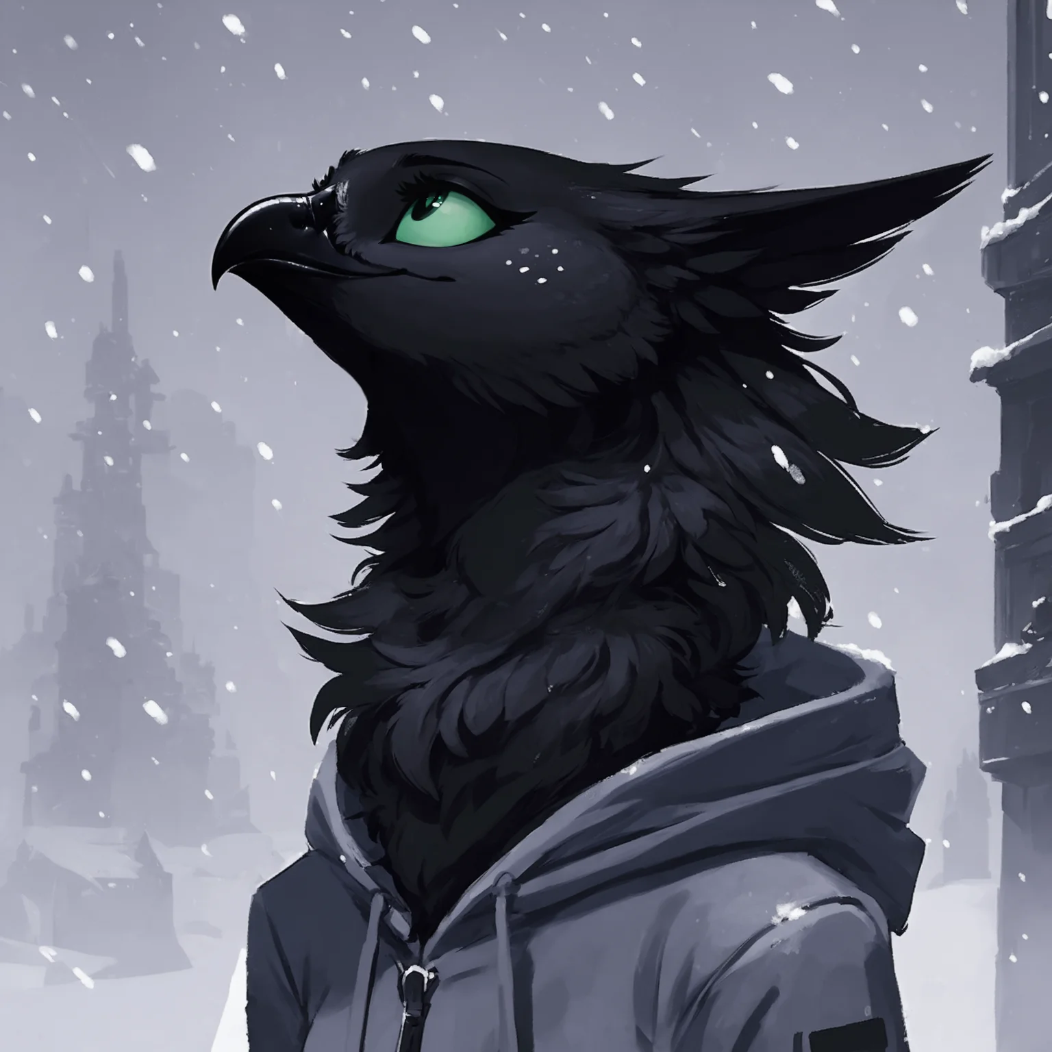 score_9, score_8_up, detailed, sketch, lineless, cel shading, 
night, snow, bust portrait, side view, 
female avian shdw, green sclera, black pupils, looking up, raised head, hoodie, (happy:1.2), smile, black body, neck tuft, small breasts, cozy, 
<lora:velari_v0.2.1_pdxl:0.7>