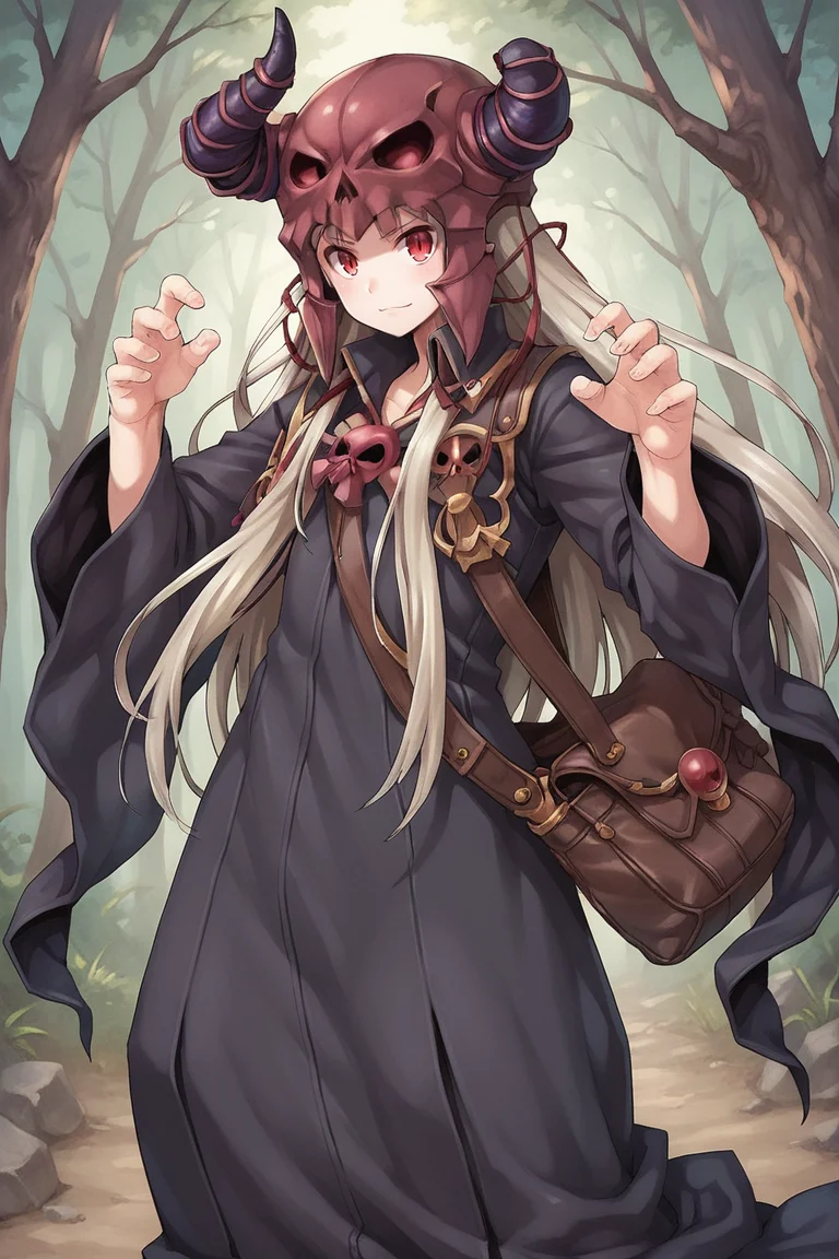 (score_9, score_8_up, score_7_up, score_6_up), source anime, BREAK, <lora:Necromancer:0.75> , necdef, 1boy, red eyes, long hair, grey hair, horned helmet, skull brooch, collared robe, black robe, long sleeves, bag, looking at viewer, solo, standing, smile, (cowboy shot), action pose, dynamic pose, <lora:zy_Detailed_Backgrounds_v1:0.3> , detailed background, highly detailed, outdoors, forest, <lora:90s4n1m3XLP:0.6> , 90s4n1m3,