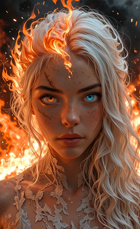1girl, solo, long hair, looking at viewer, blue eyes, closed mouth, white hair, orange eyes, lips, makeup, heterochromia, glowing, scar, wavy hair, portrait, fire, scar on face, glowing eyes, realistic, straight-on, embers, burning, fiery hair, split theme