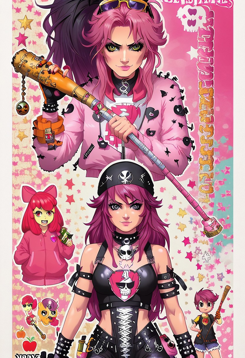 score_9, score_8_up, score_7_up, applebloom, sweetie belle, scootaloo, 3 girls, trio, biker clothes, black bandana with skulls,  spiky hair on scootaloo, puple onesie blue and pink stipes, pink star tatoo, pink onesie green stripes, human 18yo, balck onsie on applebloom with white stars, applebloom holding black spiked baseball bat, holding a molotov cocktail, holding a electric whip, looking menacing, perfect face, perfect hands,
General
 thighhighs 1.2), very fuzzy, (detailed background),