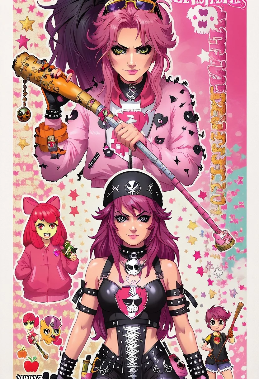 score_9, score_8_up, score_7_up, applebloom, sweetie belle, scootaloo, 3 girls, trio, biker clothes, black bandana with skulls, spiky hair on scootaloo, puple onesie blue and pink stipes, pink star tatoo, pink onesie green stripes, human 18yo, balck onsie on applebloom with white stars, applebloom holding black spiked baseball bat, holding a molotov cocktail, holding a electric whip, looking menacing, perfect face, perfect hands,
General
thighhighs 1.2), very fuzzy, (detailed background),