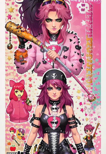 score_9, score_8_up, score_7_up, applebloom, sweetie belle, scootaloo, 3 girls, trio, biker clothes, black bandana with skulls,  spiky hair on scootaloo, puple onesie blue and pink stipes, pink star tatoo, pink onesie green stripes, human 18yo, balck onsie on applebloom with white stars, applebloom holding black spiked baseball bat, holding a molotov cocktail, holding a electric whip, looking menacing, perfect face, perfect hands,
General
 thighhighs 1.2), very fuzzy, (detailed background),