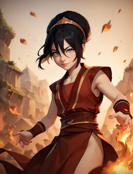 score_9, score_8_up, score_7_up,
fire nation clothing,solo,black hair,1girl,female focus,fire
, <lora:Toph_ponyXL:0.6>