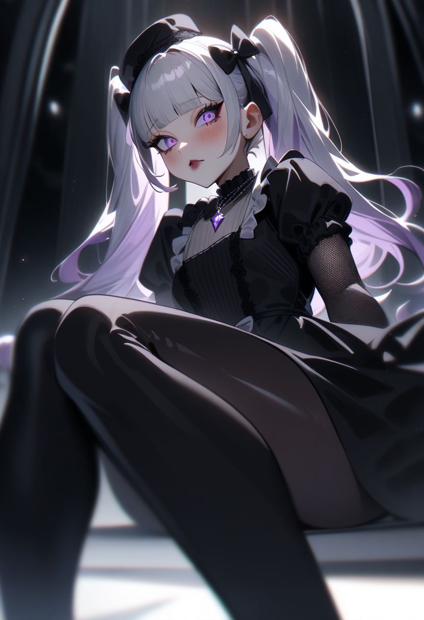 1girl, looking at viewer, solo, anime style, woman, perfect slim hourglass figure, narrow waist, depth of field,  scenery, dark lipstick, long eyelashes, , pose,  small breasts, wide hips, narrow waist, slim hourglass figure, hat , goth dress, knees socks,  garters, medium hair, blunt bangs, gloves, elbow gloves, fishnet gloves, made dress, black dress, long hair, breasts, blush, dress, bow, twintails, purple eyes, purple hair, black dress, makeup, white bow, black nails,  gothic, gothic, black lips, maid hat, white hair bow, makeup, white bow, 
masterpiece, best quality, very aesthetic, absurdres, neon genesis, beautiful, aesthetic, chromatic aberration, ((detailed face)),highly detailed, masterpiece, best quality, very aesthetic, expressive eyes, perfect face,((beautiful eyes)),(((perfect female body))), shiny skin, super idol face, intricate details, (perfect lighting), highres, flush lips, perfect lips, black eyeshadow, thick thighs, thighs ass, indoor, light particle, sitting, sitting on knees, looks with arrogance, looking below, jewelry, extravagant dimond necklaces, lipstick,  evil expression, evil corruption, evil atmosphere, looking with disgusted,