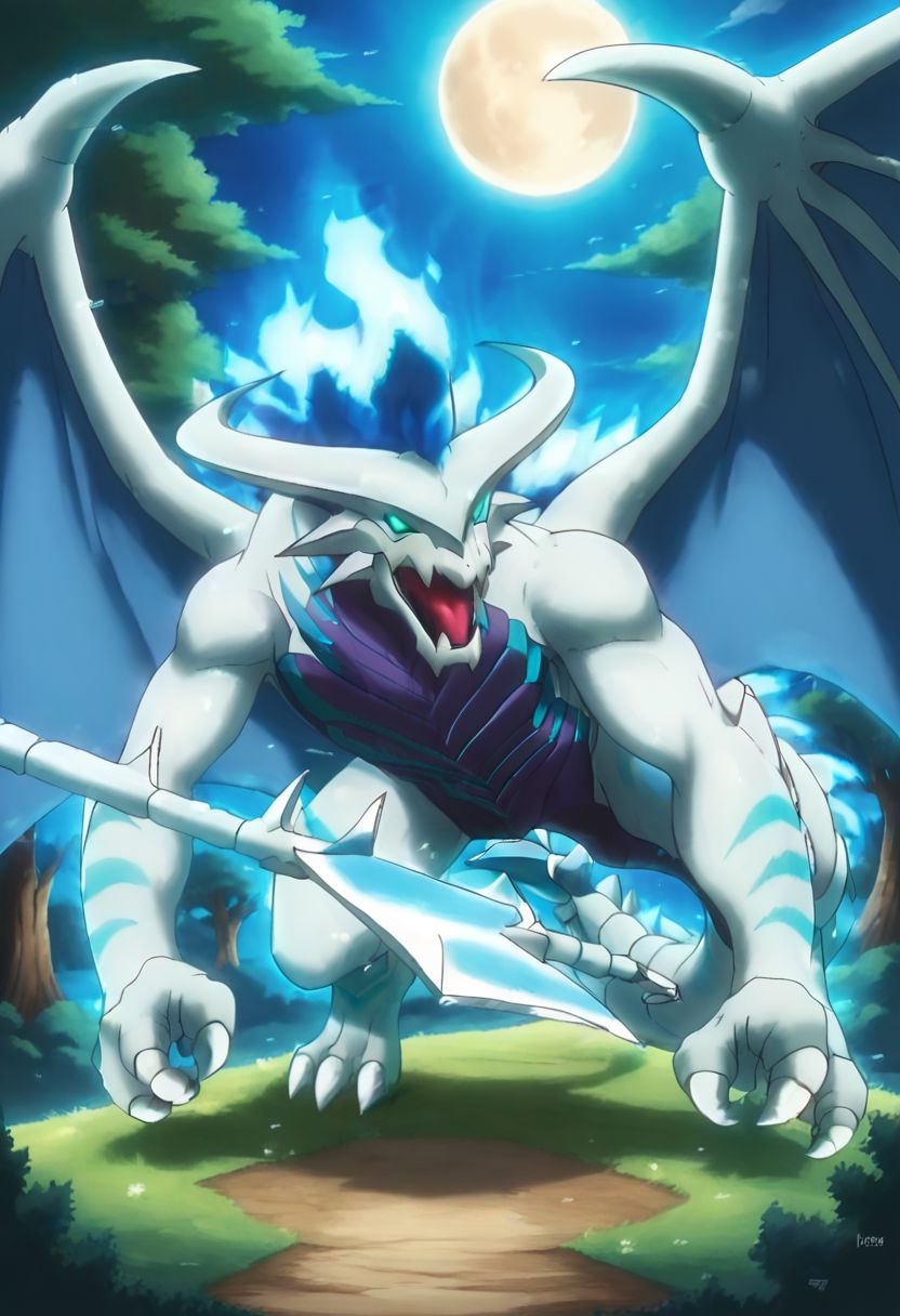 score_9_up, score_8_up, score_7_up, anime style, hd, ultra detailed, alone, full body, dragon, emerald green eyes, non-human, spirit, dragon, white western dragon, toothless and rostrum style snout, antlers with a half-moon pattern, light blue flames that go from the back of the head to the tail, a spear at the tip of the tail, background forest,