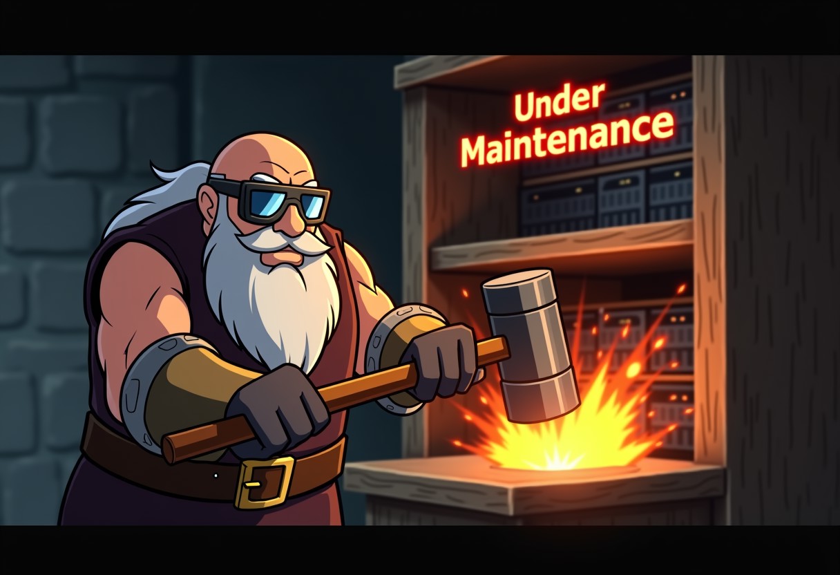 anime screencap of a dwarf with a grey beard and welding goggles on hitting a server shelf with a smithing hammer, ancient dwarven forge, focused, with burning text above saying "Under Maintenance.", anime