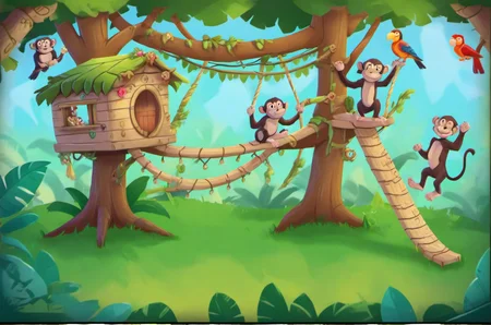 background plate, Jungle Treehouse: Elevated, wooden platforms, swinging vines, playful monkeys, exotic birds, hidden treasures., v3rd, flatee, <lora:BACKTOON_0.1_RC:0.6>