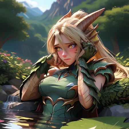 ((Score_9, score_8_up, score_7_up), masterpiece, perfect face, expressive eyes,(dragon girl),(muscular arms:1.2),(monster arms:1.3),(big claws),shy,embarrassed expression,(looking away),blush,sitting in a pond, blonde hair, yellow eyes,(long tail),(slender figure),(tight clothes),forest and mountains scenery,pond,(close-up),scratching face,relaxing