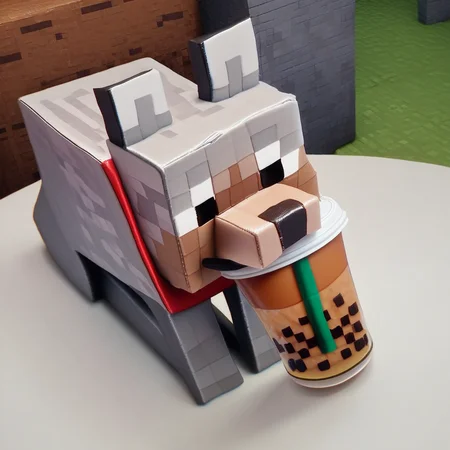 score_9_up, score_8_up, score_7_up, source_furry, wolf, minecraft wolf, pixel style, gray fur, black eyes, square dog, bubble tea