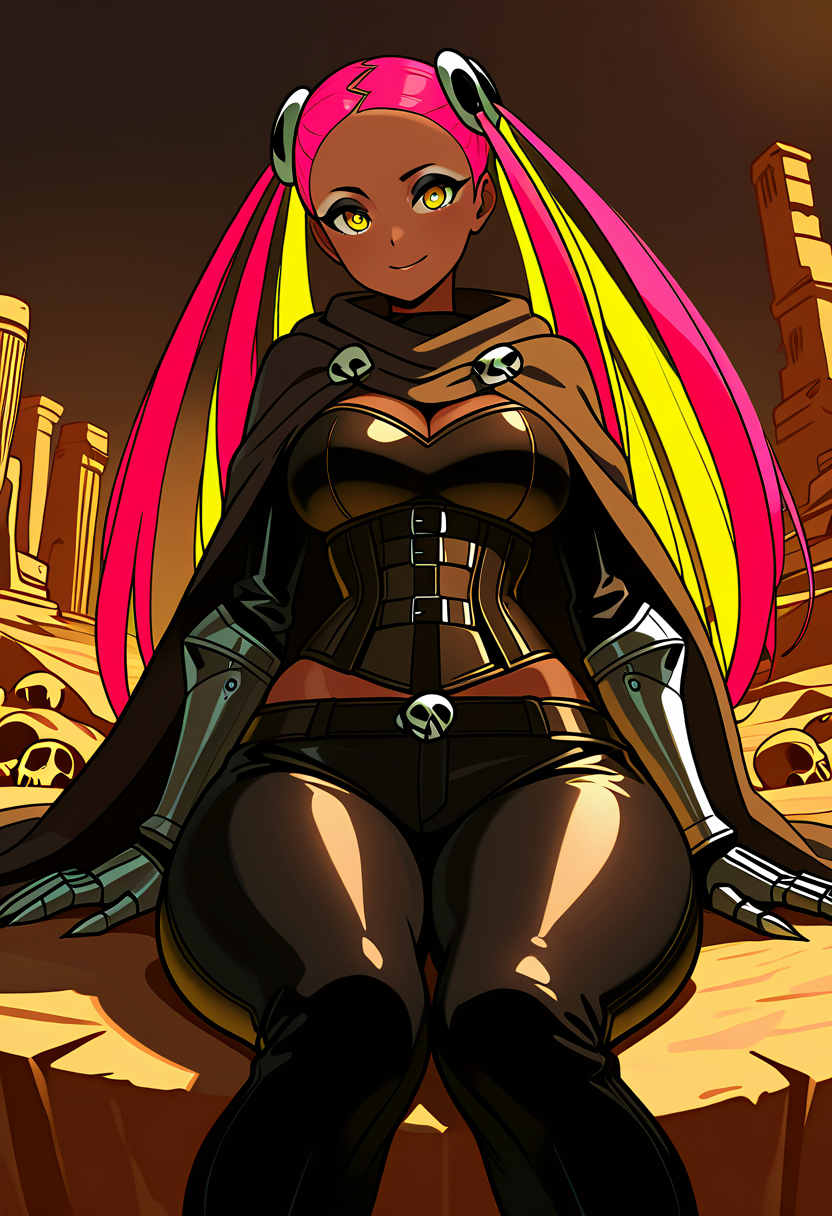 masterpiece, best quality, solo, curvy, beautiful eyes, narrow waist, wide hips, 1girl, solo, smile, looking at viewer, dynamic angle, foreshortening, close up,    zzPlumeria, pink hair, multicolored hair, blonde hair, two-tone hair, long hair, yellow eyes, hair ornament, quad tails, eyeshadow, skull hair ornament, dark skin,   ,<lora:PlumeriaPokemonIXL_v2:1.0>,[Post-Apocalyptic Royalty], Tattered cloak, metallic corset, leather pants, clawed gauntlets, Sitting on a broken statue throne amid desert ruins, embodying regal strength in a fallen world.
