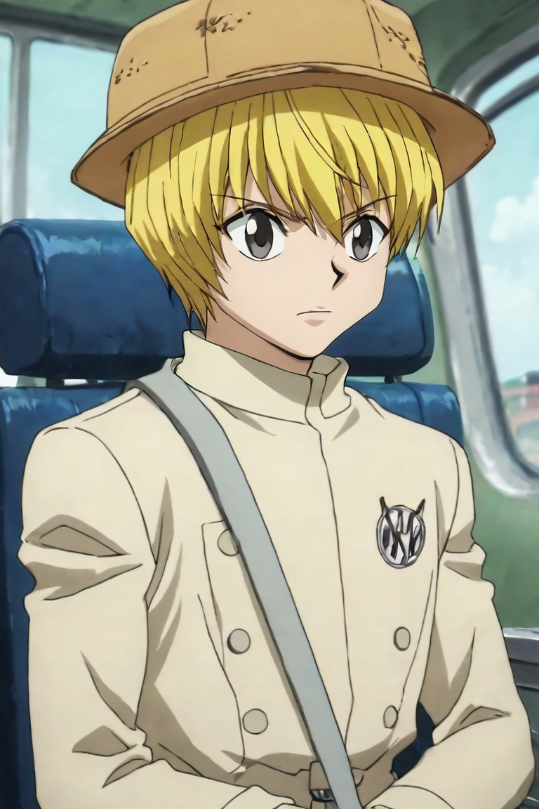 score_9, score_8_up, score_7_up, score_6_up, score_5_up, score_4_up, BREAK source_anime, anime screencap, anime coloring, official style, , upper body, depth of field, 1boy, solo, male focus, <lora:kurapika_hxh_pony:0.88>, kurapika_hxh, , trench coat, panama hat, tank interior, , <lora:sdxl_lightning_8step_lora:1>