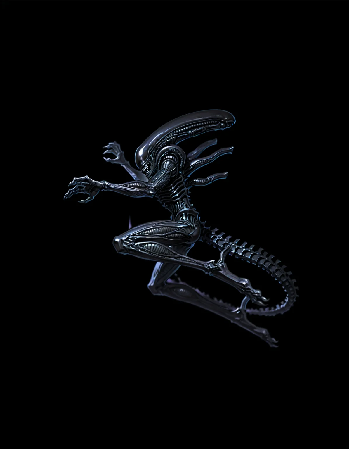 solo, full-length portrait, dark sci-fi illustration, detailed background, blurred background, <lora:Alien_-_Xenomorph_IL:0.8> xenomorph, action pose, cinematic, side view, <lora:dark_v1.9-pony:0.6> dark theme, dim lighting, dark background, dark room, rim light,