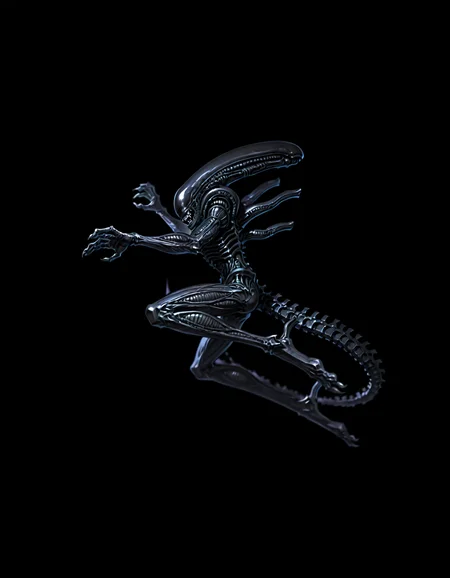 solo, full-length portrait, dark sci-fi illustration, detailed background, blurred background, <lora:Alien_-_Xenomorph_IL:0.8> xenomorph, action pose, cinematic, side view, <lora:dark_v1.9-pony:0.6> dark theme, dim lighting, dark background, dark room, rim light,