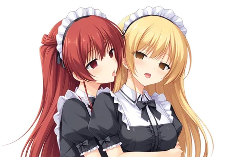 anime, empty eyes, hypnotized, blank stare, expressionless, two girls, adult, close up, long hair, maid outfit, hug, kissing neck, licking, tongue, saliva string