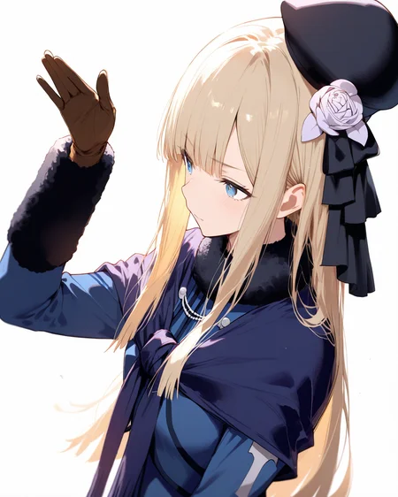 1girl,
ReinesElMelloiArchisorteFateGrandOrder,
safe, solo, dutch angle, upper body,
blonde hair, long hair, blue eyes, sidelocks, blunt bangs, straight hair,
hat, hair flower, fur collar, blue capelet, blue jacket, long sleeves, fur-trimmed sleeves, gloves, blue dress, black pantyhose, ankle boots
simple background, white background,
depth of field,
<lora:kp_ReinesElMelloiArchisorteFateGrandAnimagineXL_v1_0:1.0>,
masterpiece, high score, great score, absurdres