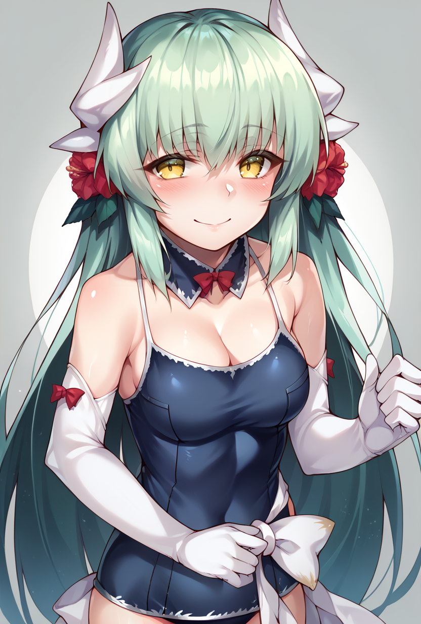 score_9,score_8_up,score_7_up,score_6_up,score_5_up,score_4_up, source_anime,  <lora:kiyohime_(lancer)_XL_1:1>  bbkiyo, long hair, green hair, white horns, hair flower, yellow eyes, detached collar, cleavage, school swimsuit, blue one-piece swimsuit, elbow gloves, white gloves, sash, blush, smile,     <lora:Zen-Hirasawa-Style-PonyXL-Dora:1>
