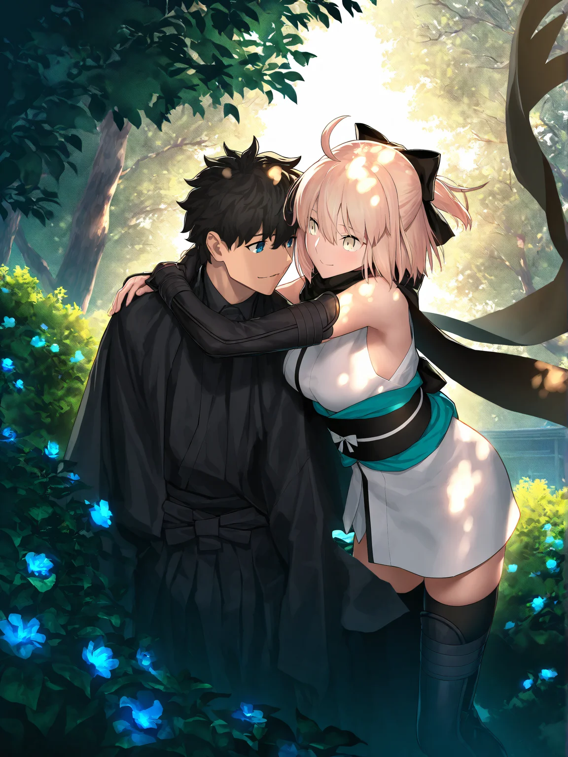 1girl, okita souji \(koha-ace\), fate \(series\), yellow eyes, hair between eyes, short hair, blonde hair, ahoge, hair bow, large breasts, short kimono, sleeveless kimono, white kimono, black scarf, black thighhighs, black ribbon, half updo, obi, elbow gloves, fingerless gloves,
1boy, fujimaru ritsuka \(male\), black hair, blue eyes, alternate costume, japanese clothes,
hetero, hug from back, looking at another,
japanese building, outdoors, nature, tree, flower, bush, foliage, dappled sunlight,
(koyama hirokazu:0.7), (kousaki rui:0.6), (takeuchi takashi:0.5),
(very awa, very aesthetic, masterpiece, best quality, highres, absurdres, :1.2)