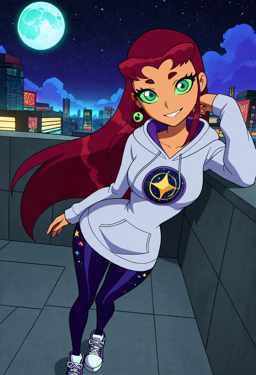 masterpiece, best quality, solo, curvy, beautiful eyes,  narrow waist, wide hips,  strfr, green eyes, red hair, long hair, colored sclera, green sclera, smile, looking at viewer,   ,       <lora:StarfireTT_IXL:1.0>,   dynamic angle, foreshortening, close up, [Celestial Streetwear], Oversized moon hoodie, starglyph tights, platform sneakers, alien earrings, Leaning on a rooftop at night, surrounded by cosmic city lights and a starry sky.