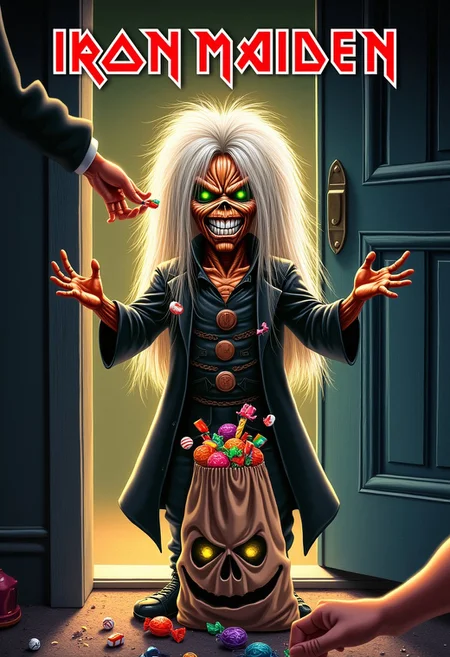 highly detailed poster illustration, anime, poster, Child sized Eddie dressed in a halloween costume. Long platinum blonde wig, wicked grin, glowing green eyes, Holding a bag out with both hands for trick or treating, standing outside of a doorway, hand from inside the doorway drops candy into the bag. Title at top of poster "Iron Maiden"