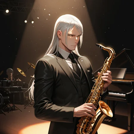 masterpiece, best quality, amazing quality, absurdres, newest, detailed background, definition so sharp, Ultra-HD, 8K cinematic, very awa, impressionate, amazing quality, highres,
solo, male focus, manly, shadow, shiny skin, mature male, extream close-up, soft coloring,
mitsuhisahachiya, mitsuhisa_grey hair, mitsuhisa_yellow eyes, 1boy, long hair, scar across eyebrow, musician, jazz, piano, saxophone, cool_demeanor, smooth_operator, stage_lights, spotlight, focused_expression, sweet_melody, nightclub, elegant_suit, dim_lighting, appreciative_audience