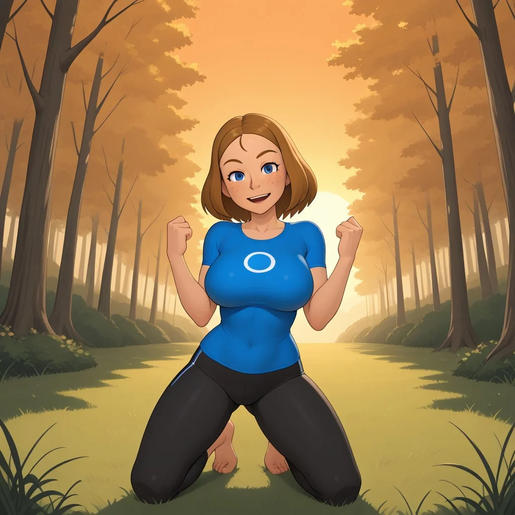 score_9, score_8, BREAK, solo, wii, mii, wii sports, 1girl, female mii, cute, dark blonde hair, blue eyes, freckles, open mouth, dark blue clothing, black pants, barefoot, AbbyWS, breasts, nintendo mii, modern_mii, classic_mii, tall, adult female, mature female, big breasts, sexy pose, self portrait, smile, looking at viewer, outdoors, sunlight, shadows, evening lighting, natural lighting, forest, trees, grass, orange sky, sunset