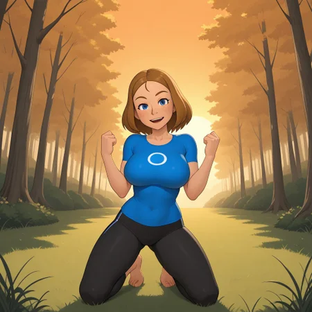 score_9, score_8, BREAK, solo, wii, mii, wii sports, 1girl, female mii, cute, dark blonde hair, blue eyes, freckles, open mouth, dark blue clothing, black pants, barefoot, AbbyWS, breasts, nintendo mii, modern_mii, classic_mii, tall, adult female, mature female, big breasts, sexy pose, self portrait, smile, looking at viewer, outdoors, sunlight, shadows, evening lighting, natural lighting, forest, trees, grass, orange sky, sunset