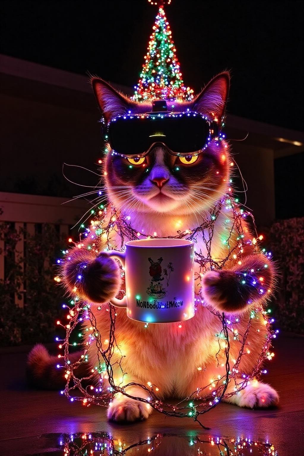 Grumpy Cat, decoreated with Christmas lights, holding a coffee mug, wearing a VR Headset. The mug has the phrase "NobodyButMeow" printed <lora:xmaslight3_nocap_d6a3:1.0><lora:XmGItmS-jCC1sPauXp0BO:0>