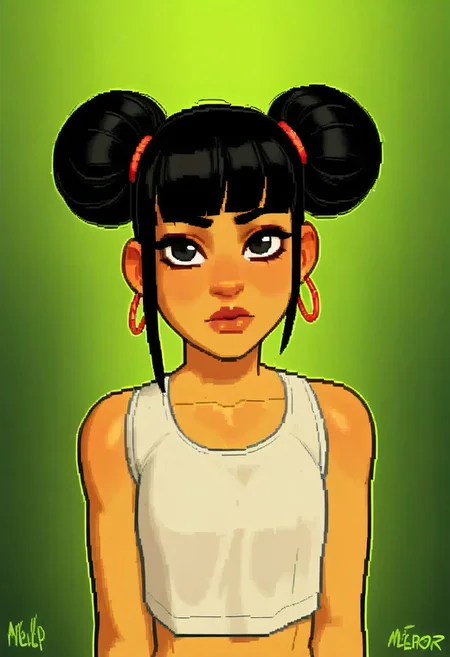 masterpiece,best quality,amazing quality, artist: melkor,, (artist: incase:0.7), 1girl, petite asian girl, black hair, (asymmetric short messy style, double bun), hime cut, fruit loop earring, crop top white shirt,