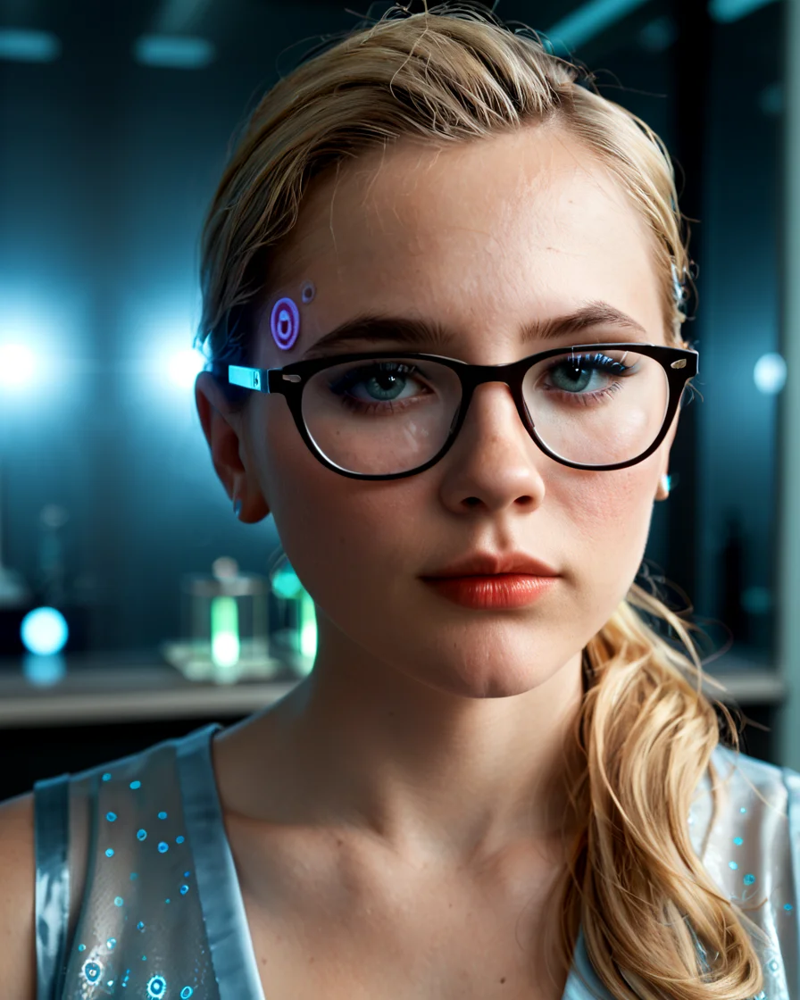 score_9, score_8_up, score_7_up,  <lora:DBH_Chloe:1> Chloe, blonde hair, cleavage, ponytail, [curious expression], [eyes focused on data], [laboratory setting with digital screens],  sensual messy hair, soft highly detailed beautiful expressive eyes, smooth skin with a slight glow under artificial light, sleek smart-casual attire with futuristic digital glasses, surrounded by floating holographic data and 3D molecular models, warm light reflecting off screens. Close-up, face focus. Photorealistic, Natural atmospheric lighting, intricate details, 35mm photograph, film, professional, 4k visuals, highly detailed, elegant, studio quality.