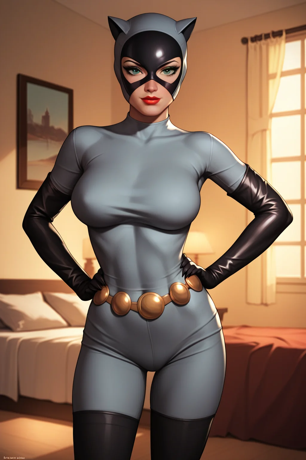 retro artstyle, parody, source_cartoon, score_9, score_8_up, score_7_up, score_6_up, <lora:add-detail-xl:1>, raytracing, absurd, intricate, ((zPDXL2)), (absurd resolution, perfect anatomy, cowboy shot) BREAK <lora:Catwoman:0.8> selina kyle, green eyes, ((looking at viewer)), mask, animal ears, cat ears, bodysuit, elbow gloves, belt, thighhighs, lipstick, makeup, large breasts, toned, athletic, thigh gap, standing, hands on hip, in luxurious bedroom, indoors